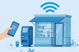 Small shop with a prepaid WiFi vending machine outside it, a customer holding a phone, and a WiFi signal above the shop