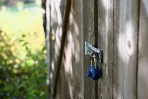 Blue combination padlock on a wooden gate