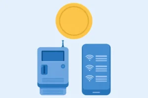 Small indoor prepaid WiFi vending machine with a coin above it, next to a phone showing a WiFi network list