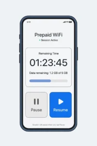 Phone screen showing a prepaid WiFi session with remaining time and Pause and Resume buttons