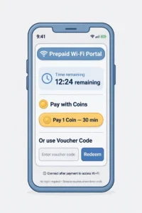 Phone screen showing a prepaid WiFi portal with time remaining, a coin payment button, and a voucher code field