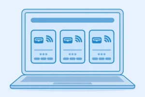 Laptop showing a dashboard with three generic prepaid WiFi machine cards, each with a coin slot and signal icon
