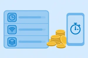 Rate card with three options, a pile of coins, and a phone showing a timer