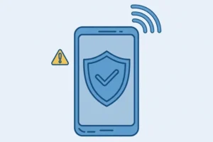 Phone with a shield on its screen, a warning sign beside it, and a WiFi signal above it