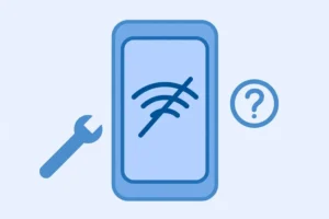 Phone with a disconnected WiFi symbol on its screen, a wrench beside it, and a question mark icon
