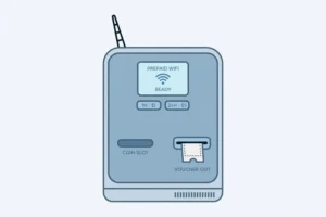 Small indoor prepaid WiFi vending machine with a coin slot, a small screen, and an antenna