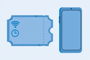 Paper voucher ticket with a WiFi symbol and a clock icon, next to a smartphone